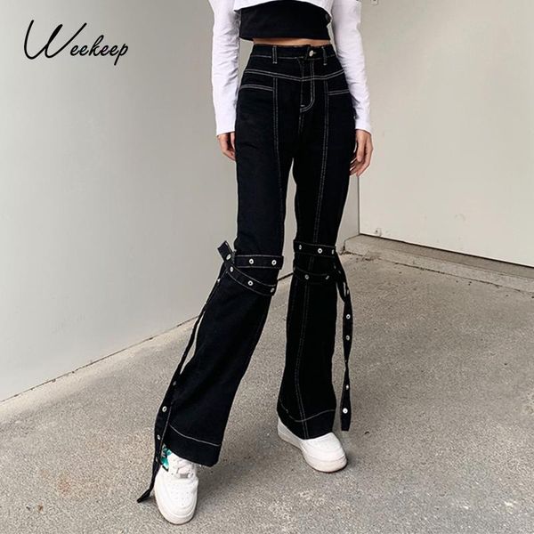 

weekeep black harajuku jeans y2k aesthetic vintage ribbons denim pants streetwear high waist flare korean slim trouser women's, Blue