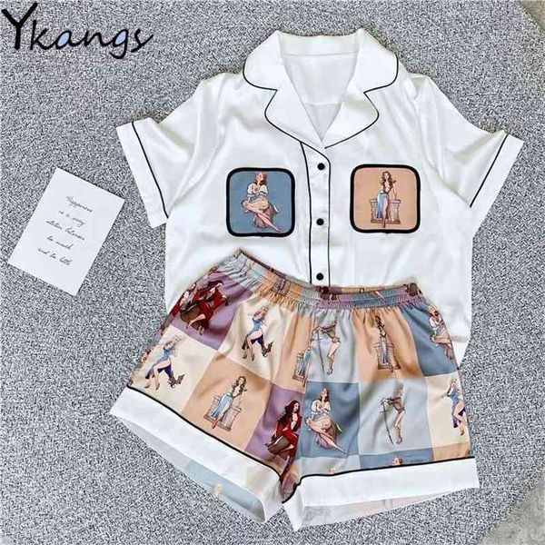 

plus size 5xl women silk pyjama satin home suit autumn shirt +pants pj set sleepwear night suits ladies harajuku 210421, White