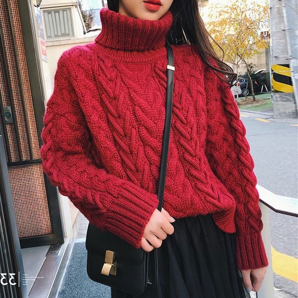 

front back long loose high neck thickened winter pullover student short thick needle twist backing sweater women's wear, White;black