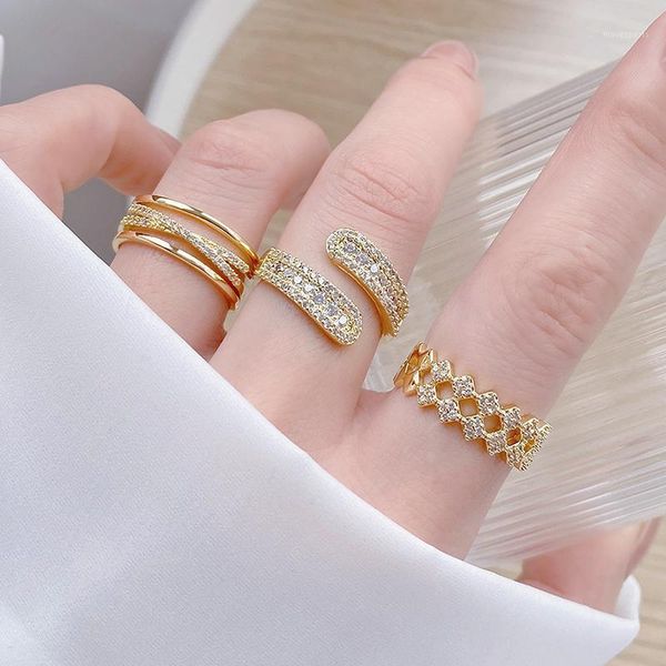 

cluster rings fashion korean 14k real gold micro inlaid cz open design ring for femme bling zirconia adjustable double layers bijoux gif1, Golden;silver