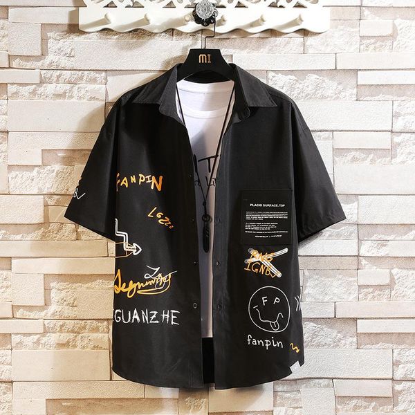 

print brand 2021 summer men's beach shirt fashion short sleeve floral loose casual cargo shirts oversize -4xl 5xl hawaiian, White;black