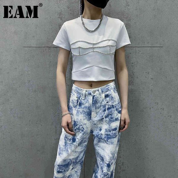 

[eam] women black patchwork short t-shirt round neck short sleeve fashion spring summer 1dd6586 210512, White