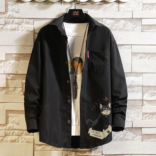 

men's casual shirts plus size 5xl- funny cat play with butterfly print long sleeve shirt men clothing 2021 simple chemise homme black, White;black