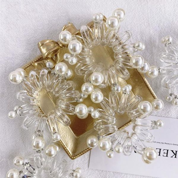 

telephone line pearl scrunchies hair ties rope transparent nail beads women elasticity ponytail bands gilr accessories1