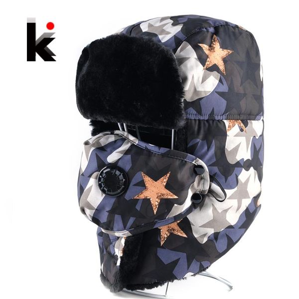 

berets bomber hat winter faux fur thickening camouflage caps men women outdoor earflap balaclava hats warm snow mask cap, Blue;gray