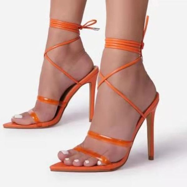 

sandals cross-tie strappy orange heels women peep toe slim thong pointed gladiator shoes slippers fashion pumps, Black