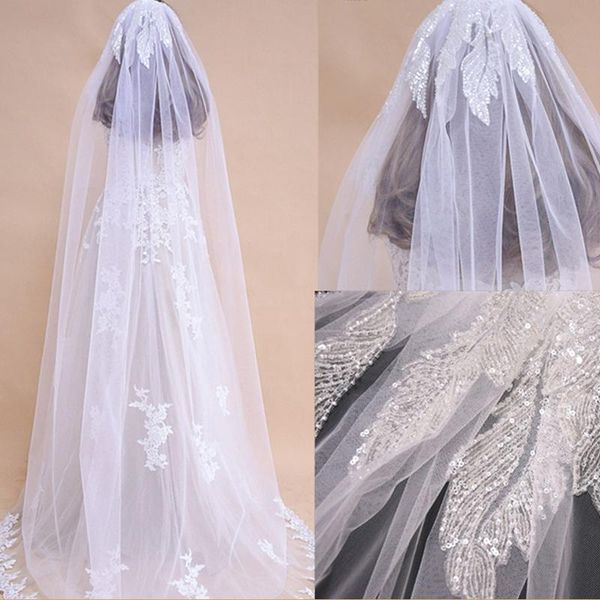 

bridal veils youlapan v19 wholesale 2 m 1 tier lace edge white ivory catherdal wedding veil long with sequins, Black