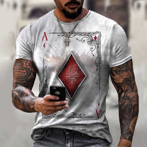 Playing Cartões Diamante Quadrado Impressão T-shirt Homens Verão Casual Manga Curta Pulôver Solto Tops 210629