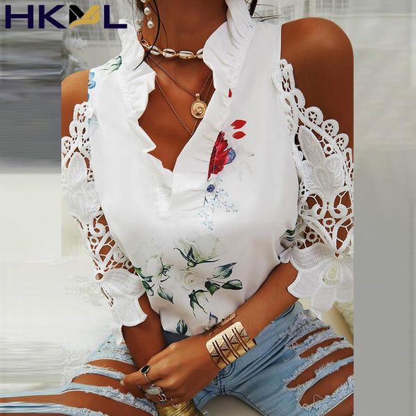 

women's blouses & shirts women off shoulder hollow out embroidery ruffle v neck elegant 3/4 sleeve summer autumn, White
