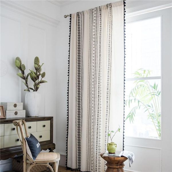 

curtain & drapes cotton and linen window printing black tassel bohemian kitchen country style textile