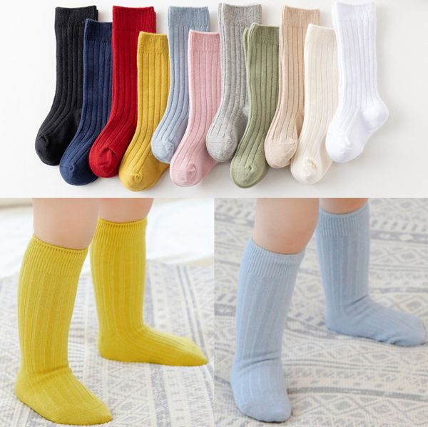 Ins bebê crianças tricô joelho meia alta 2021 primavera meninas feitas à mão algodão desossado pernas confortáveis 11 cores a6407