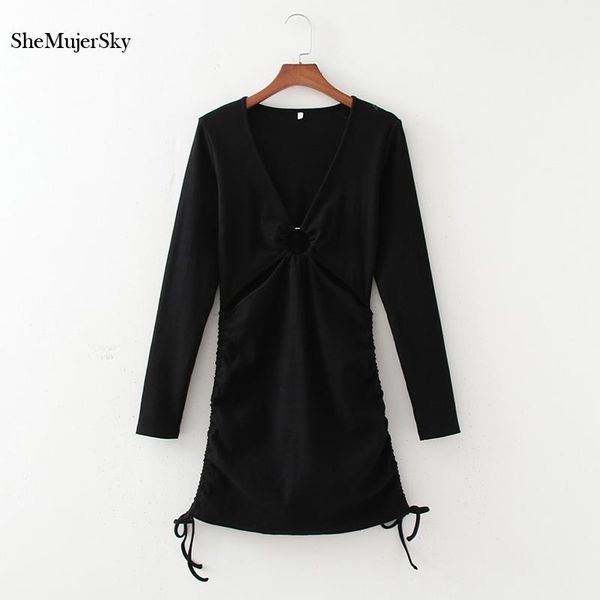 

casual dresses shemujersky autumn long sleeve black knitted dress women v-neck hollow out side drawstring bandage slim cotton 2021, Black;gray