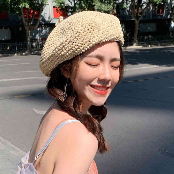 

summer weave beret female straw hats for women spring autumn flat sun hat breathable casual holiday artist beach cap chapeau, Blue;gray