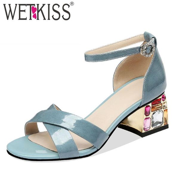 

colorful heels high sandals women 2021 patent leather woman summer shoes female wedding ankle strap blue, Black