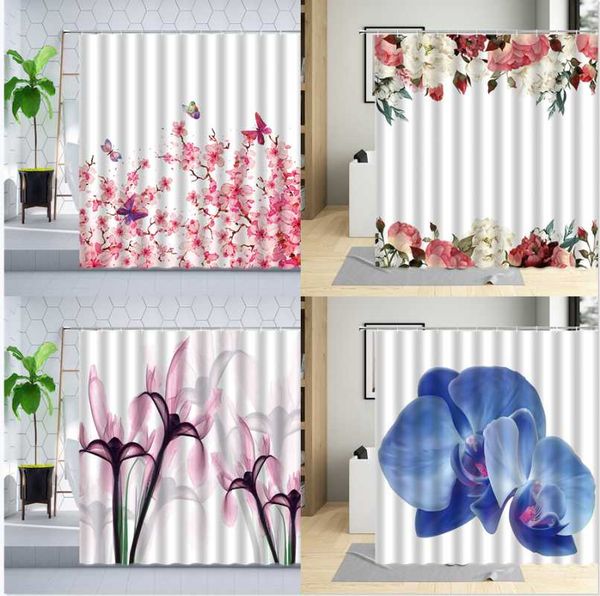 

shower curtains plant flower curtain x-ray floral pink cherry blossom butterfly orchid watercolor printing bathroom hanging set