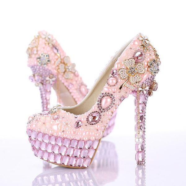 

dress shoes 2021 handmade charming bridal high heels formal gorgeous pink pearl platform round toe wedding, Black