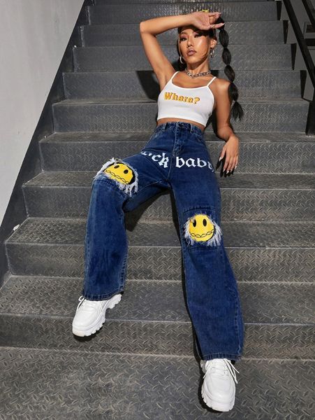 

letter & figure graphic jeans y6a6#, Blue