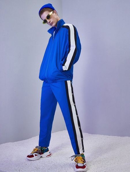

men contrast side stripe jacket & pants set a7uf#, Gray
