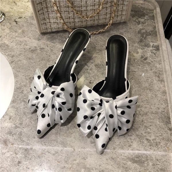 

slippers women thin low heels pointed toe polka dot butterfly knot female slides spring outdoor party ladies shoes fashion 2021, Black