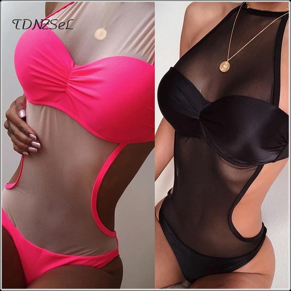 

women transparent mesh swimwears halter neck backless swim body suits 2021 summer sport bathing one-piece beachwear