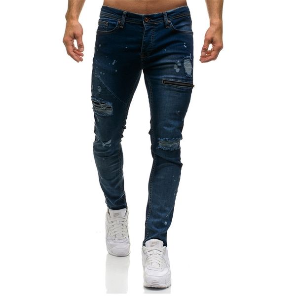 

men's wear new products, perforated zipper decorative jeans, slim casual jeans pants, Blue