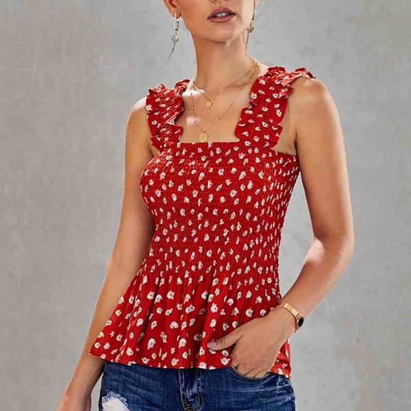 

women's knits & tees women shirt sleeveless spaghetti strap square collar floral print elastic slim casual office lady fashion top, White