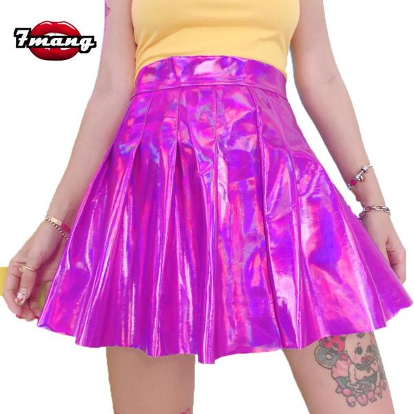 

skirts 7mang 2021 women street party pink silver laser pleated cute harajuku club bright high waist girl mini skirt, Black