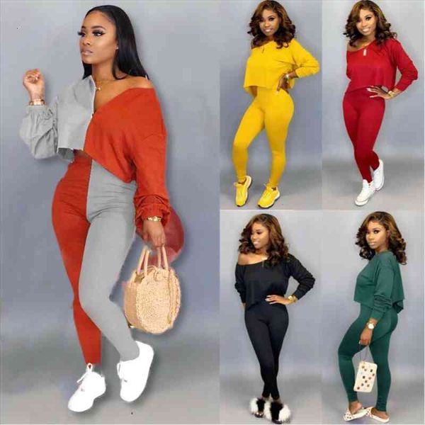 

2 piece outfits long sleeve womenpant off shoulder crop set casual solid cotton jumpsuit autumn pure l, White