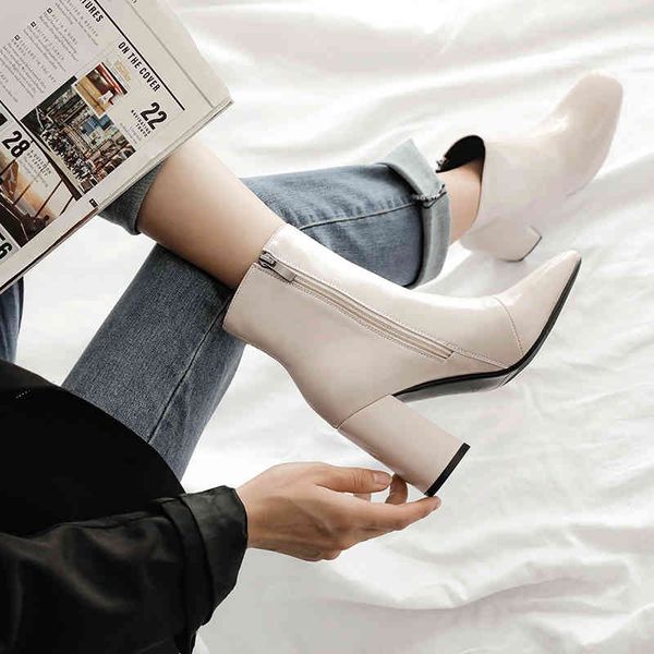 

boots shoes women ankle boots patent leather plus size 33-45 chelsea square toe side zipper autumn winter shoes women beige s7c7, Black