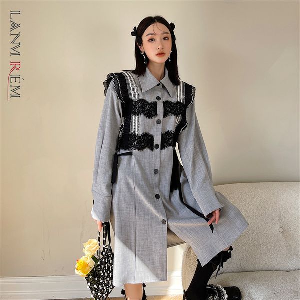 

women gray lace ruffles bandage bow big size dress lapel long sleeve loose fit fashion spring autumn 2f0179 210507, Black;gray
