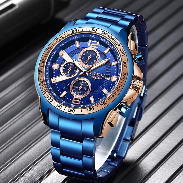 

wristwatches relogio masculino lige mens watches blue stainless steel men watch waterproof sports chronograph quartz, Slivery;brown