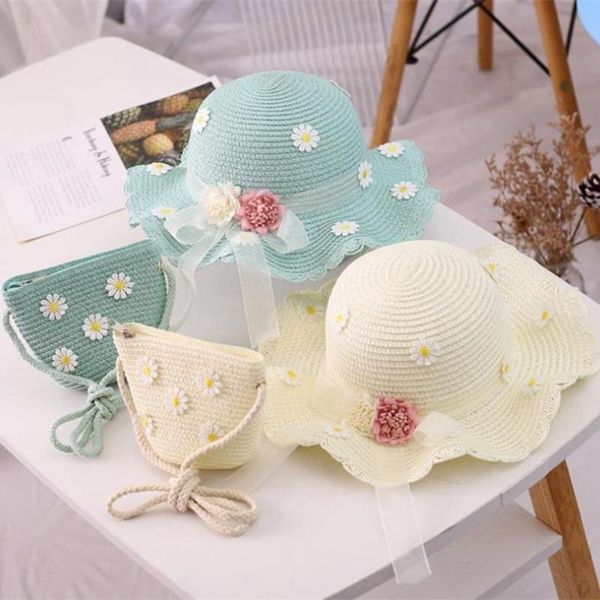 

caps & hats summer baby flower straw hat breathable with schoolbag bag children boy girl sunscreen sun visor uv, Yellow