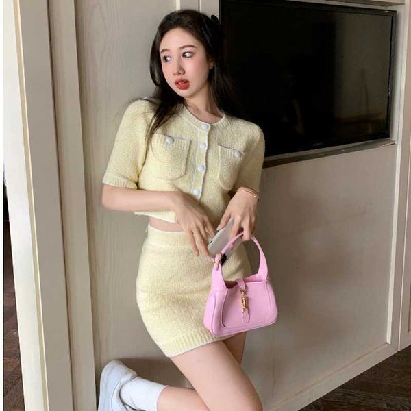 

yellow o neck short sleeve knitted cardigan single-breasted sweater coat thin summer mini skirts fashion sweet matching sets 210610, White