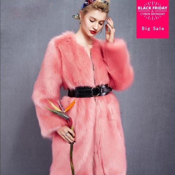 

women's fur & faux s-2xl winter coat longger warm collar long sleeve stitching with belt wj1393 send, Black
