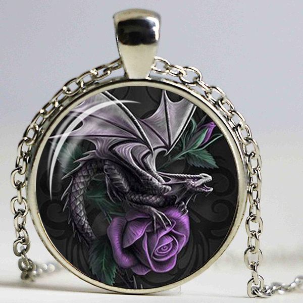 

wholesale wing dragon art picture glass cabochon necklace silver color chain pendant man woman jewelry vintage gift necklaces