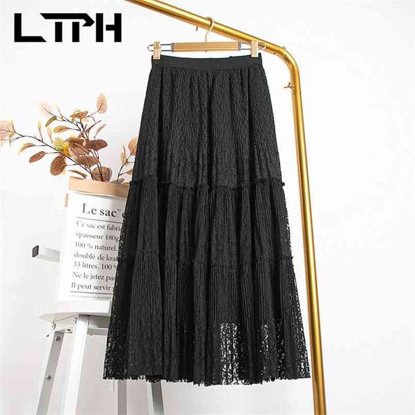 

ltph mid-length fashion korean lace mesh high waist pleated a-line skirt thin with lining skirts women spring summer 210423, Black;gray