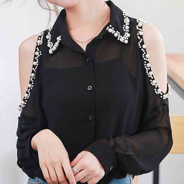 

long sleeve beading turn down collar blouse shirt chiffon blouse women blusas mujer de moda off shoulder e143 210426, White