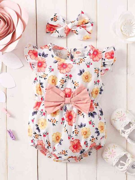 

baby allover floral ruffle cuff bow front bodysuit & headband she, Blue
