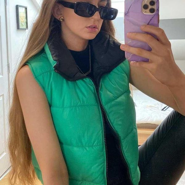 

women's vests boho inspired green vest coat women fashion warm sleeveless parkas high collar waistcoat female streetwear outerwear, Black;white