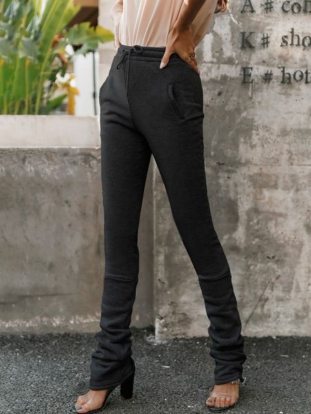 

glamaker drawstring waist slant pocket pants h41g#, Black;white