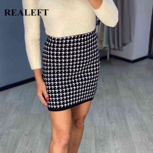 Houndstooth de malha envoltório em saias de uma linha senhora elegante senhora alta cintura outono inverno de tricô bainha mini feminino 210428