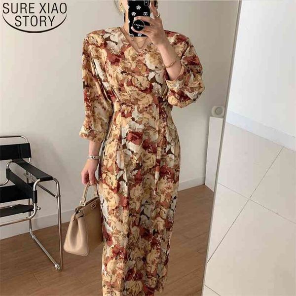 

korean v-neck high waist vintage long dress ink painting floral print dresses women orange elegant midi vestidos feminino 12798 210506, Black;gray