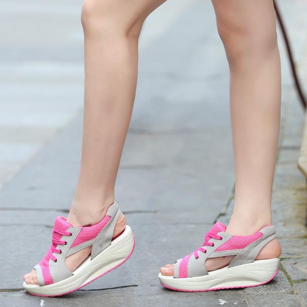 

sandals 2021 style summer shoes women fish head lace-up wedge female breathable casual woman sneakers, Black