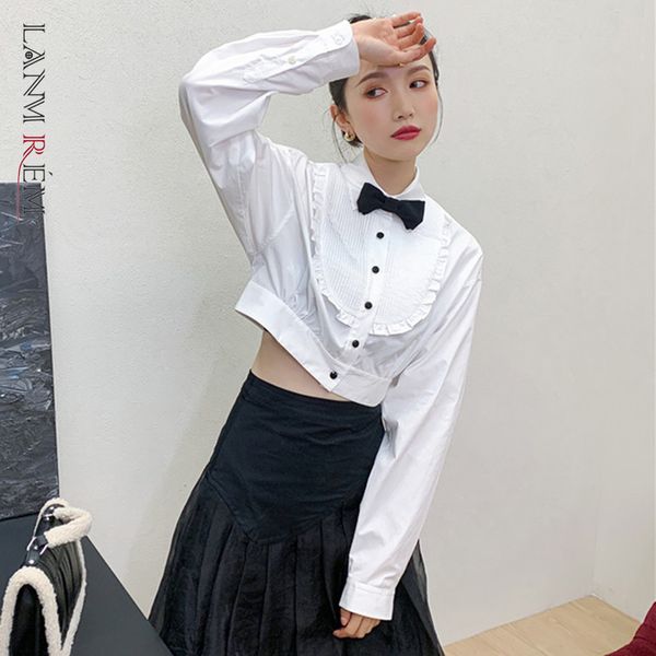

white short blouse for women long sleeves bowknot button shirt trendy spring autumn arrivals 2a3315 210507