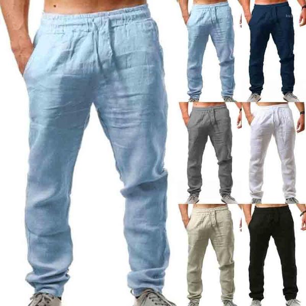 

men's pants summer casual natural cotton trousers breathable white elastic waist straight pant quality, Black