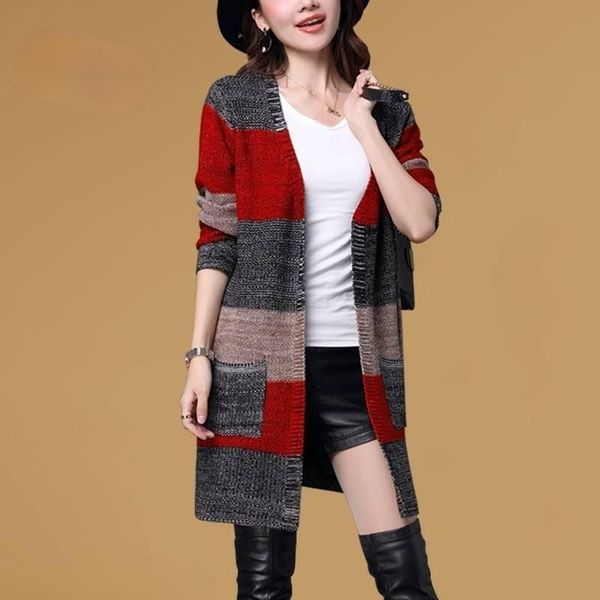

women's knits & tees zoulv female tricot outwear open stitch casaco autumn women casual striped loose v-neck knitted long cardigan swea, White