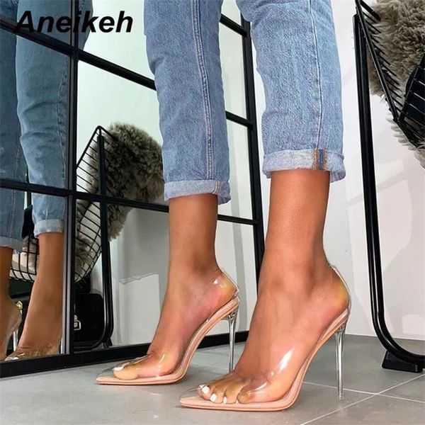 

aneikeh concise fashion pvc woman transparent sandals thin high heels shoes pointed toe pumps slip on solid apricot 41 42 211029, Black