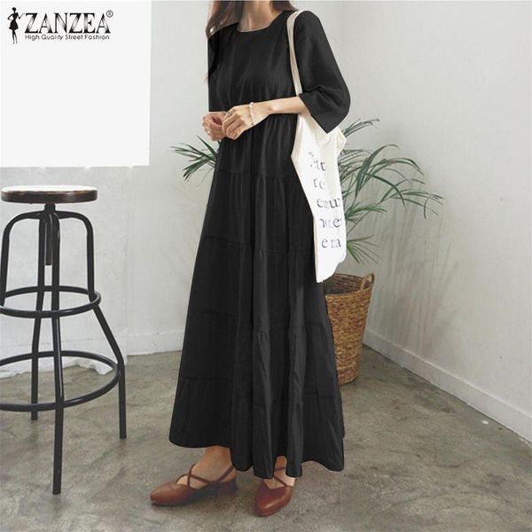 

patchwork kaftan robe femme plus size women casual ruffles dress 3/4 sleeve baggy long sundress o neck elegant party vestidos dresses, Black;gray