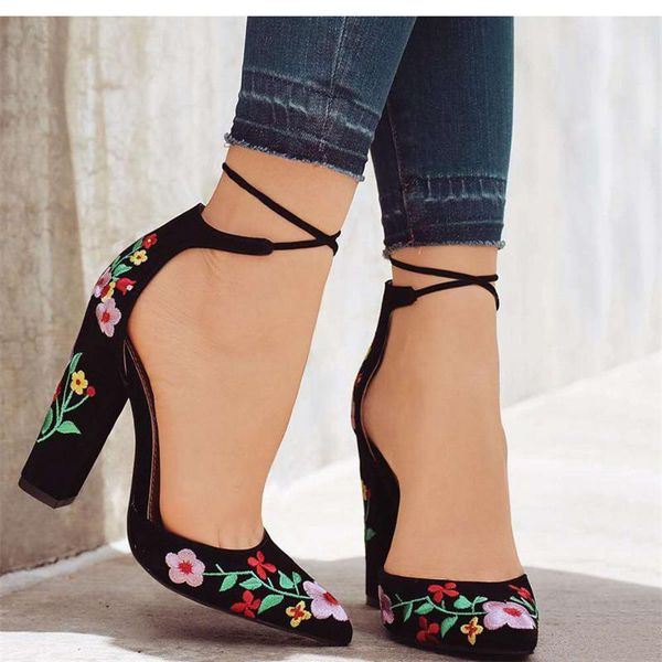 

women pumps ethnic heels plus size pointed toe high sandals chaussures femme 2021 summer shoes woman thick dress, Black