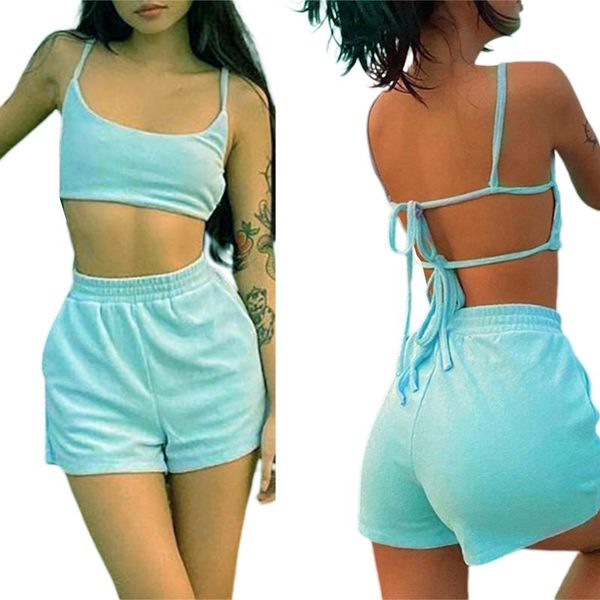 

women's tracksuits women vest and shorts two piece set outfits summer casual solid color tie-up backless camisole high waist, Gray